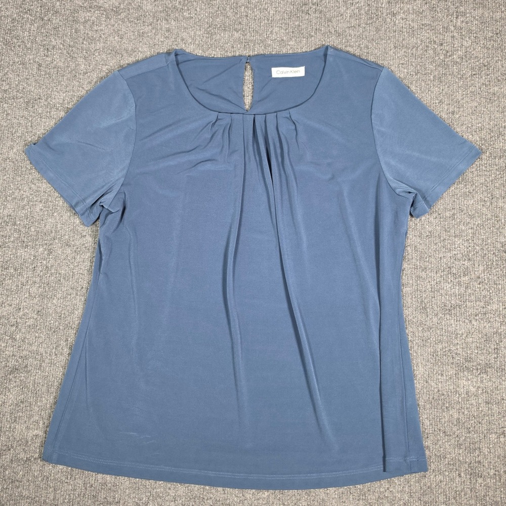 Calvin Klein Womens Blue Pleated Neck Short Sleeve Blouse Keyhole Back Top